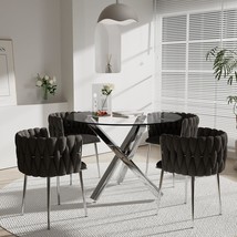 Silver Round Dining Table Set For 4, 39&#39;&#39; Clear Glass Top Dinner Table Set, 5 Pc - $423.99