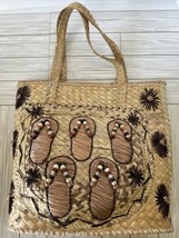 HandWoven Beach Straw Raffia Tote Market Lined Handbag Beaded Flip Flops... - £29.24 GBP