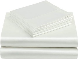 Luxurious 4-Piece Queen Size Satin Bedding Set Smooth White Bed Sheets Silky - £55.46 GBP