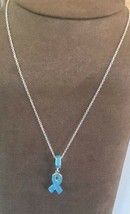 Ovarian Cancer Awareness BLUE Ribbon Silver Necklace Survivor with gift bag - £5.39 GBP