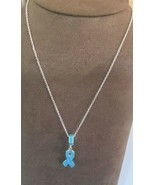 Ovarian Cancer Awareness BLUE Ribbon Silver Necklace Survivor with gift bag - £5.36 GBP
