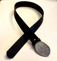 VTG Fashion Belt size 5/6 Black Leather 1.5&quot; wide Silvertone Rhinestone ... - $12.81