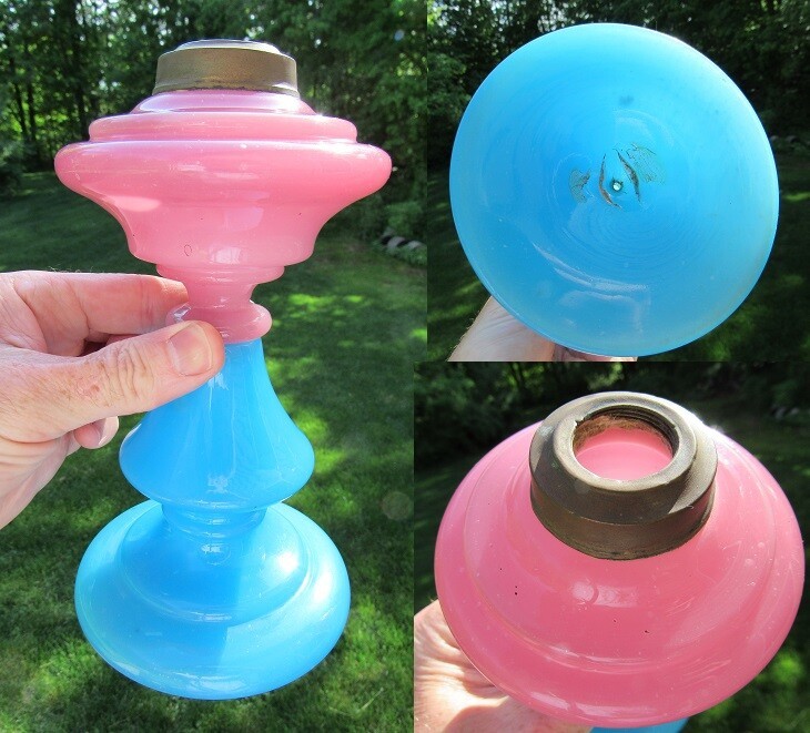 Antique BLUE PINK OPALINE glass pedestal HAND BLOWN oil lamp RARE COLOR ... - $699.99