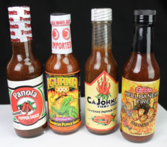 RARE! x4 hot sauce GLASS COLLECTIBLE BOTTLE New Old Stock Hellbanero CaJ... - $34.99