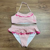 Betsey Johnson Girls 2PC Bikini Swim Suit Pink White Striped Pom Pom Siz... - £14.01 GBP