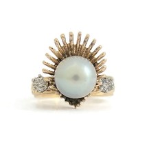 Authenticity Guarantee 
Vintage 1940&#39;s 1950&#39;s Crimped Fan Pearl Diamond Ring ... - £795.35 GBP