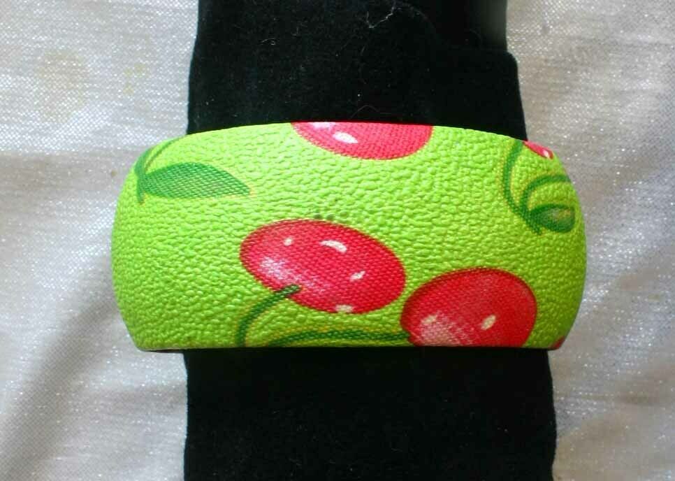 Primary image for Fabulous Lime Green & Red Cherries Cloth Textured Bangle Bracelet vintage