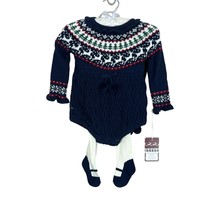 Tahari Sweater One Piece Tights Hat Set Baby Girl 3-6 Mo Navy Fair Isle 3 Piece - £19.75 GBP