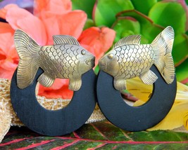 Vintage Fish Earrings Etched Brass Wood Circle Posts Bohemian Figural - $19.95