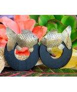 Vintage Fish Earrings Etched Brass Wood Circle Posts Bohemian Figural - £15.77 GBP