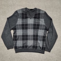 Brooks Brothers Mens Large Merino Wool Plaid Sweater Gray V Neck - £28.83 GBP