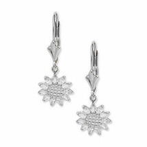 14K White Gold White Sapphire Sunflower Drop Lever Back Earrings - £168.16 GBP