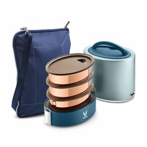 Vaya Tyffyn Blue Copper-Finish steel Lunch Box with Bagmat,1000 ml,3 Containers - £102.92 GBP