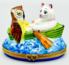 LIMOGES France Cat Owl Row Boat Peint Main Charmart Hinged Trinket Box 2... - $168.29