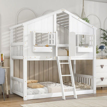 Twin Over Twin House Bunk Bed With Roof , Window, Window Box, Door - White - £426.72 GBP