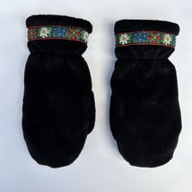 Polar Mitts Mittens With Folk Art Floral Design Ribbon Accent Black Size... - $19.78