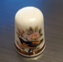 Vintage Bone China Thimble Pink Flowers  &amp; Yellow/black Bird Gold Trim E... - £6.25 GBP
