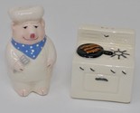 Clay Art Chef Pig Cooking Bacon On Stove Salt Pepper Shakers - £15.79 GBP