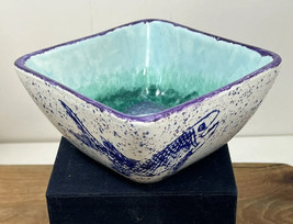 Handmade Stoneware Bowl ~ Blue &amp; Purple Fish Design Signed “KW” - £11.38 GBP
