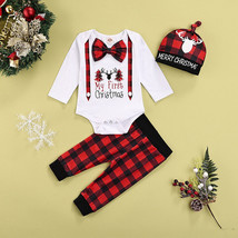  NEW 1st Christmas Baby Boys Bodysuit Plaid Pants Hat Outfit Set  - £6.91 GBP