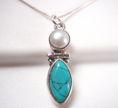 Cultured Pearl and Turquoise Marquise 925 Sterling Silver Pendant - £9.34 GBP