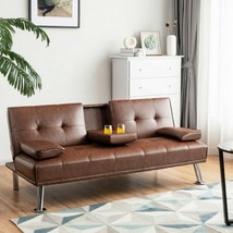 Futon Sofa Convertible Folding Leather With Cup Holders-Brown - £382.84 GBP