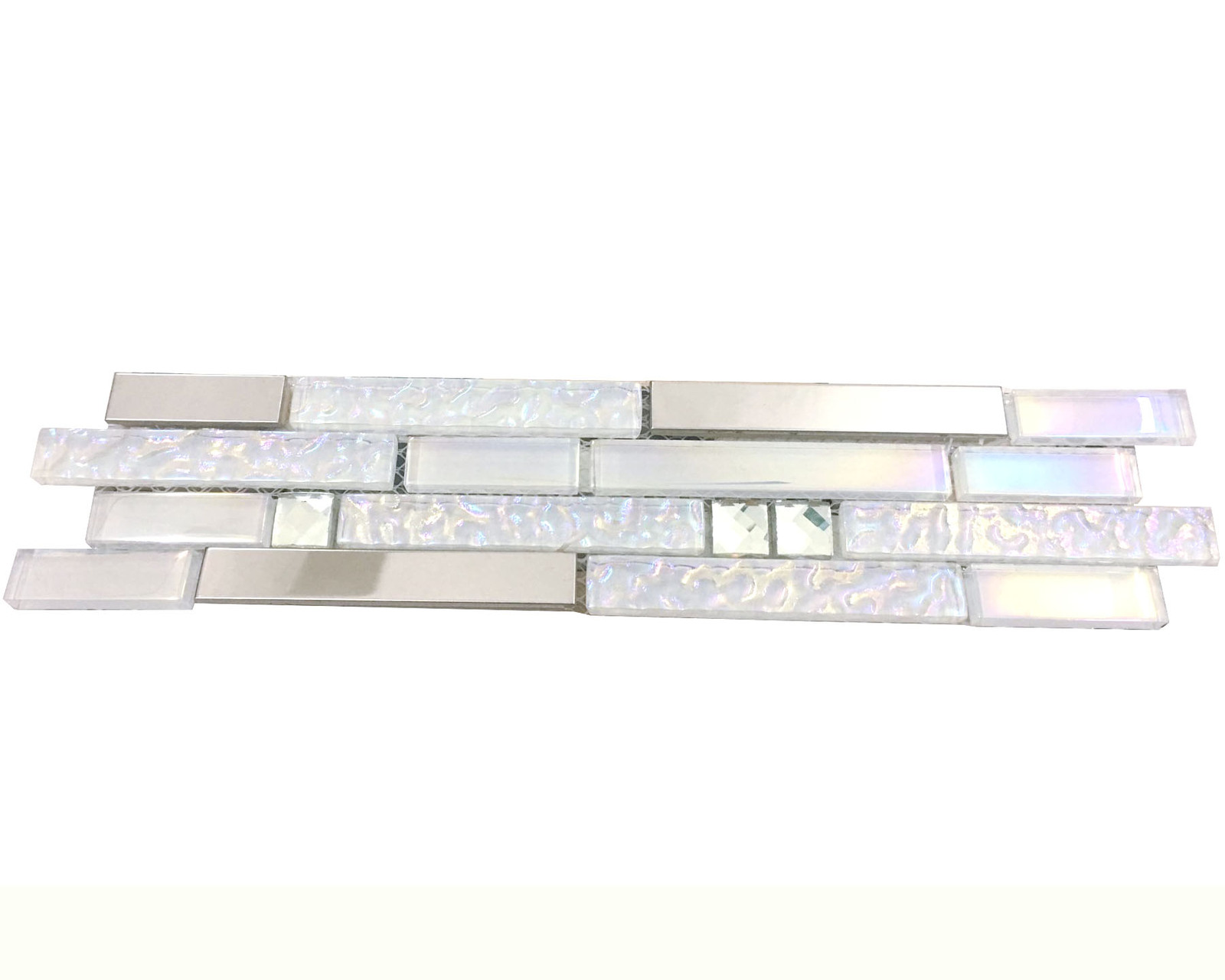 Primary image for Glass Metal Linear Mosaic Tile Iridescent White Silver Backsplash 3"x12" Sample