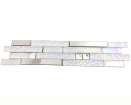 Glass Metal Linear Mosaic Tile Iridescent White Silver Backsplash 3&quot;x12&quot;... - £20.41 GBP
