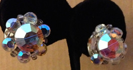 Vintage 1960s Aurora Borealis Rhinestone Bead Round Cluster Button Clip ... - £29.54 GBP