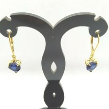 14K YELLOW GOLD Plated Simulated BLUE SAPPHIRE HEART DANGLE EARRINGS 8MM - £36.93 GBP