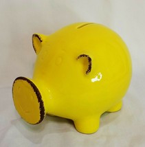 Yellow Piggy Bank Pig Smiley Face Money Holder Penny with Stopper 4.5&quot; Ceramic - £11.72 GBP