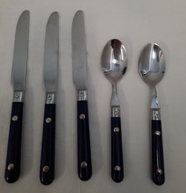 Gibson 5 Piece Lot Stainless Flatware Blue 2 Rivets ~ 2 Spoons 3 Knives - £11.60 GBP