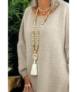Beige Fringe Wood Beaded Necklace - $6.16
