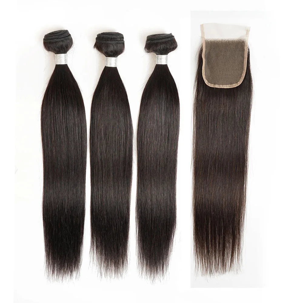 Straight 3 Bundles With 4*4 Lace Closure 300g/lot for One Full Head Remy... - £55.89 GBP+