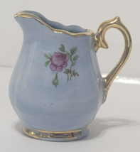 Vintage Small Porcelain Pitcher 2&quot; Blue With Gold Trim and Pink Flower D... - $130.01 MXN