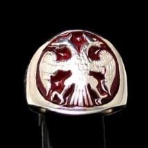 Sterling silver ring Twin Head Eagle coat of arms Russia with Red enamel high po - £76.35 GBP