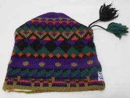 Murray Merkley Vintage Wool Ski Hat Geometric Pattern 2 Tassel Blk Green Purple - £28.36 GBP