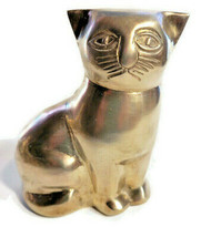 Large Vintage Brass Kitty Cat Wide Eyes Statue Figurine Heavy Sitting 4.5&quot; - $38.95