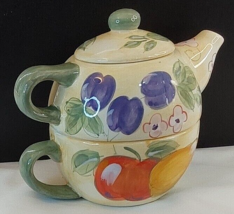 Teapot and cup set of 3 pcs Home Porcelaine fruit  &amp; flowers design 7oz 7&#39;x5.5x5 - £11.52 GBP