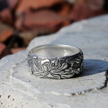 Embossed Lotus Vintage Style Silver Ring, Tibetan Buddhism Om Ring, Meditation - $38.00