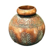 Metal Vase Pot Brown Round Decorative Raised Ornate Design Made in India - £9.82 GBP