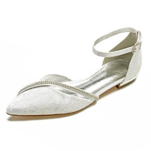 Comfort Flat Lace Wedding Shoes for Bride Pointed Toe Ankle Buckle Strap Crystal - £79.18 GBP