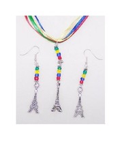 Necklace Earrings 3D Eiffel Tower Flat Charms Red Green Yellow Blue Ribb... - £11.78 GBP
