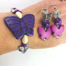Butterfly Bracelet Earrings Set Purple Silver Tone Dangle Earrings Jasper 3 pc - £24.17 GBP