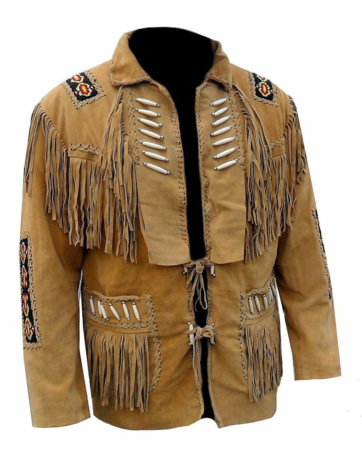 Men's Brown Western Style Bone Beaded Patches Suede Real Leather Handmade Jacket