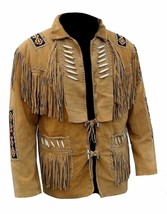 Men&#39;s Brown Western Style Bone Beaded Patches Suede Real Leather Handmade Jacket - £134.29 GBP