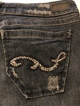 Refuge Women&#39;s Jeans Blue Distressed Flare Jeweled Stretch Jr. Size 7 X 31 - £23.14 GBP