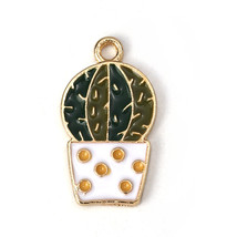 Cactus Charm Gold Tone Southwestern Enamel Pendant Barrel Plant Findings - $3.81