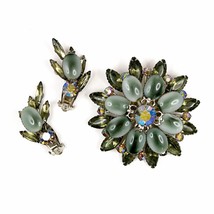 Celebrity Gray Cabochon &amp; AB Rhinestones Brooch Earrings Set Vintage Jew... - $1,817.75 MXN