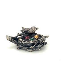 Vtg Signed Sterling Anson Carved Bird Nest with Multi Colored Rhinestone Brooch - £43.42 GBP